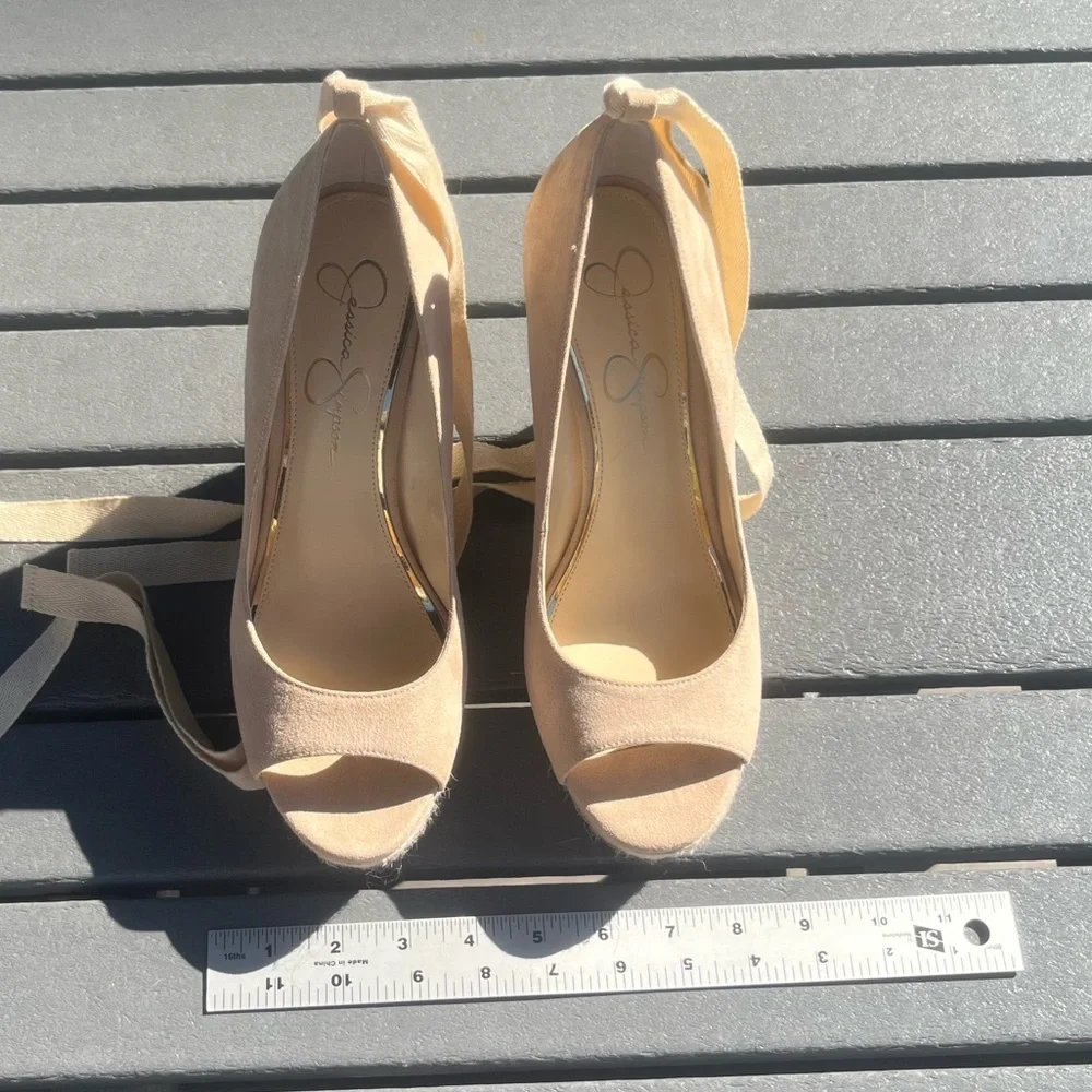 Jessica Simpson; Cream; Open-Toe; 5in Platform Wedges; Removable Ankle Tie; 9.5 - Picture 3 of 11